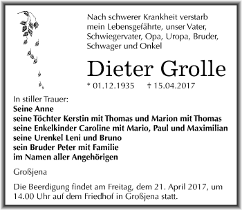 Traueranzeige von Dieter Grolle von Mitteldeutsche Zeitung Naumburg/Nebra