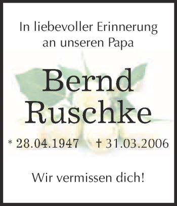 Traueranzeige von Bernd Ruschke von Super Sonntag Quedlinburg