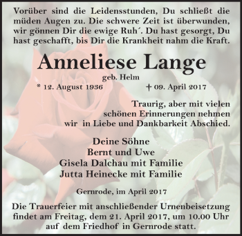 Traueranzeige von Anneliese Lange von Mitteldeutsche Zeitung Quedlinburg