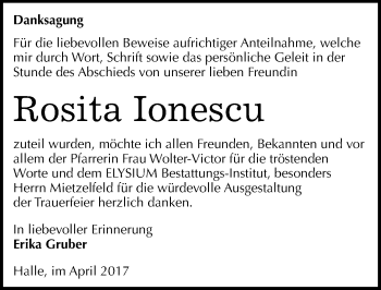 Traueranzeige von Rosita Ionescu von Mitteldeutsche Zeitung Halle/Saalkreis