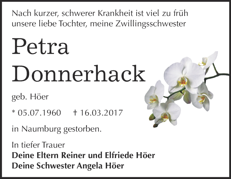  Traueranzeige für Petra Donnerhack vom 01.04.2017 aus WVG - Wochenspiegel Dessau / Köthen