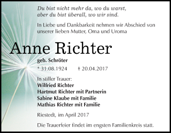 Traueranzeige von Anne Richter von Super Sonntag SGH Mansf. Land