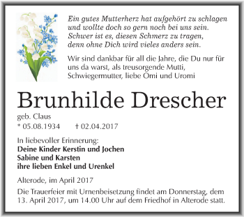 Traueranzeige von Brunhilde Drescher von Super Sonntag SGH Mansf. Land