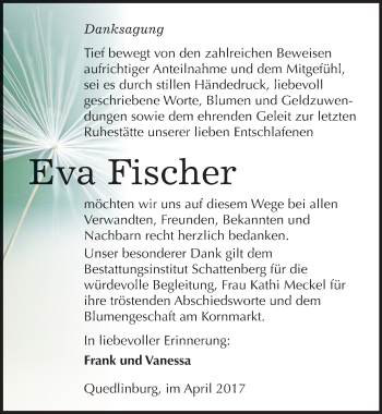 Traueranzeige von Eva Fischer von Mitteldeutsche Zeitung Quedlinburg