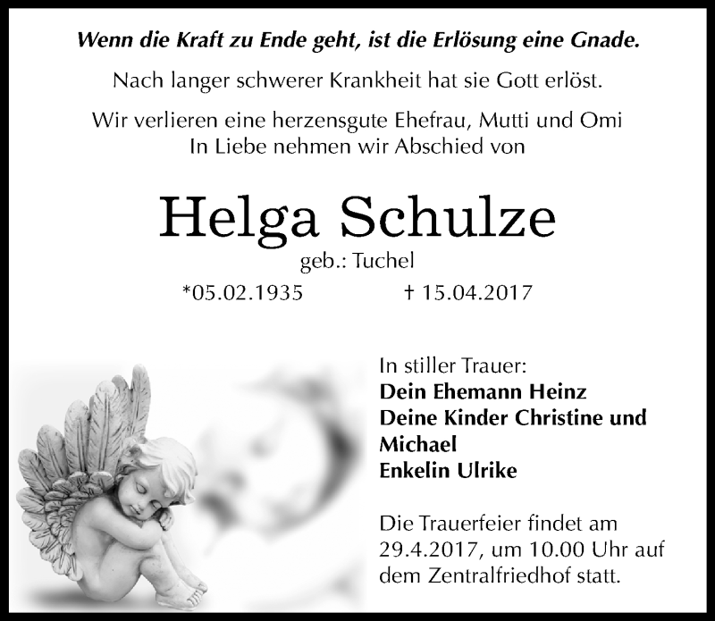  Traueranzeige für Helga Schulze vom 24.04.2017 aus Mitteldeutsche Zeitung Dessau-Roßlau