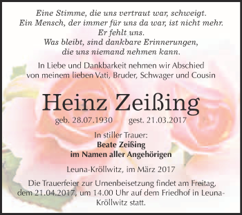 Traueranzeige von Heinz Zeißing von Super Sonntag Halle