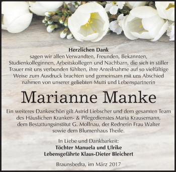 Traueranzeige von Marianne Manke von Mitteldeutsche Zeitung Merseburg/Querfurt