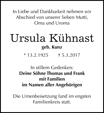 Traueranzeige von Ursula Kühnast von Mitteldeutsche Zeitung Halle/Saalkreis