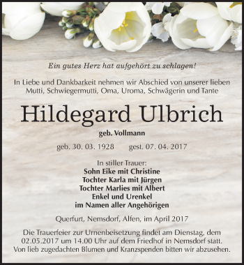 Traueranzeige von Hildegard Ulbrich von Mitteldeutsche Zeitung Merseburg/Querfurt