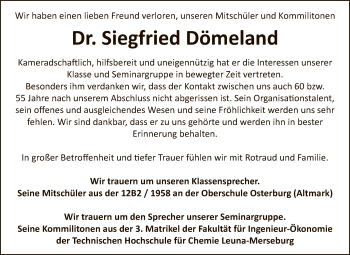 Traueranzeige von Siegfried Dömeland von WVG - Wochenspiegel Dessau / Köthen