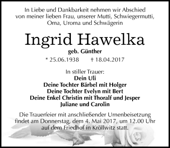Traueranzeige von Ingrid Hawelka von Mitteldeutsche Zeitung Halle/Saalkreis
