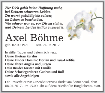 Traueranzeige von Axel Böhme von Super Sonntag Halle