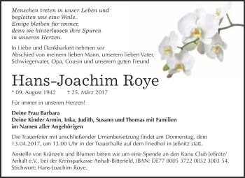 Traueranzeige von Hans-Joachim Roye von WVG - Wochenspiegel Bitterfeld