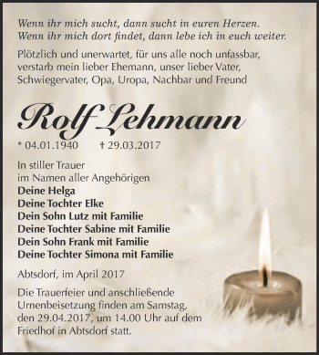 Traueranzeige von Rolf Lehmann von Super Sonntag Wittenberg