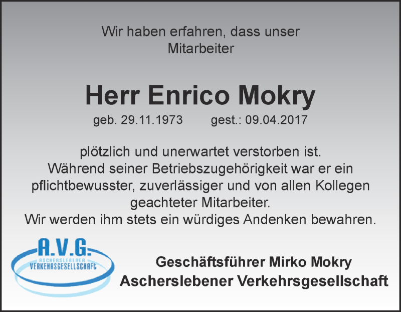  Traueranzeige für Enrico Mokry vom 15.04.2017 aus Super Sonntag Aschersleben