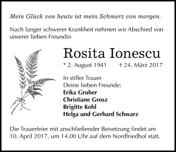 Traueranzeige von Rosita Ionescu von Mitteldeutsche Zeitung Halle/Saalkreis