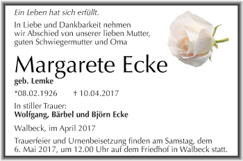 Traueranzeige von Margarete Ecke von Wochenspiegel Mansfelder Land