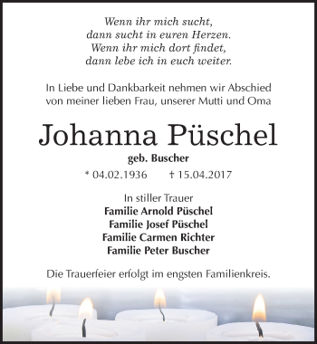 Traueranzeige von Johanna Püschel von Mitteldeutsche Zeitung Quedlinburg