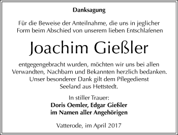 Traueranzeige von Joachim Gießler von Mitteldeutsche Zeitung Mansfelder Land