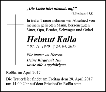Traueranzeige von Helmut Kalla von Mitteldeutsche Zeitung Sangerhausen