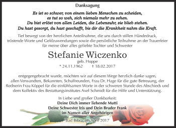 Traueranzeige von Stefanie Wiczenko von WVG - Wochenspiegel NMB / WSF / ZTZ