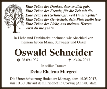 Traueranzeige von Oswald Schneider von WVG - Wochenspiegel Dessau / Köthen