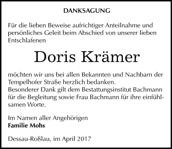 Traueranzeige von Doris Krämer von Mitteldeutsche Zeitung Dessau-Roßlau