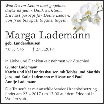 Traueranzeige von Marga Lademann von WVG - Wochenspiegel Bitterfeld