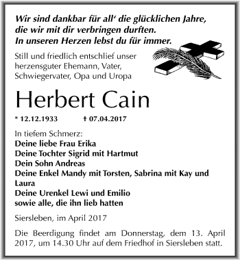 Traueranzeige von Herbert Cain von Mitteldeutsche Zeitung Mansfelder Land