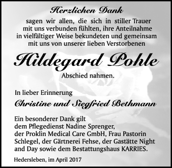 Traueranzeige von Hildegard Pohle von Mitteldeutsche Zeitung Quedlinburg