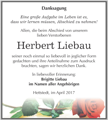 Traueranzeige von Herbert Liebau von Super Sonntag SGH Mansf. Land