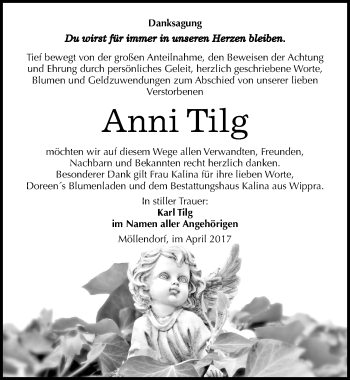 Traueranzeige von Anni Tilg von Mitteldeutsche Zeitung Mansfelder Land
