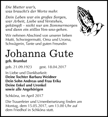 Traueranzeige von Johanna Gute von Mitteldeutsche Zeitung Wittenberg