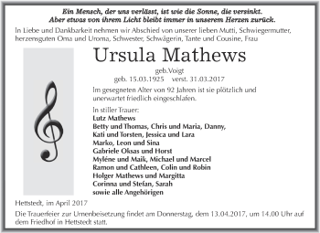 Traueranzeige von Ursula Mathews von Super Sonntag SGH Mansf. Land