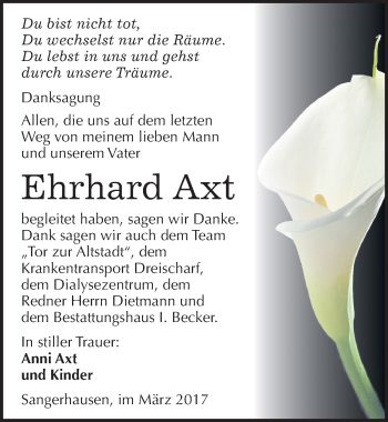 Traueranzeige von Ehrhard Axt von Mitteldeutsche Zeitung Sangerhausen