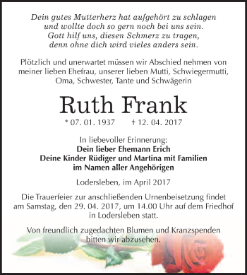 Traueranzeige von Ruth Frank von WVG - Wochenspiegel Merseburg