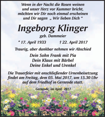 Traueranzeige von Ingeborg Klinger von WVG - Wochenspiegel Quedlinburg