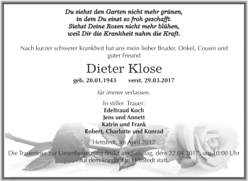 Traueranzeige von Dieter Klose von Wochenspiegel Mansfelder Land