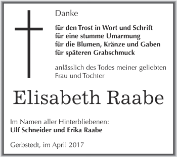 Traueranzeige von Elisabeth Raabe von Wochenspiegel Mansfelder Land