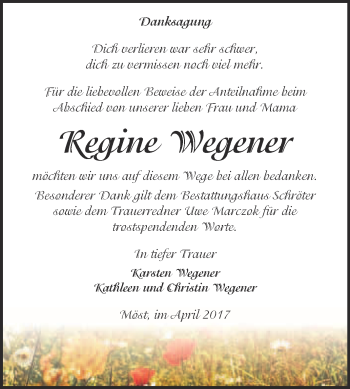 Traueranzeige von Regine Wegener von WVG - Wochenspiegel Bitterfeld