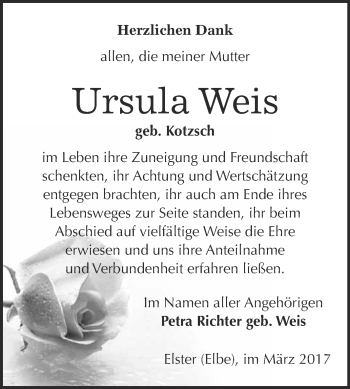 Traueranzeige von Ursula Weis von Super Sonntag Wittenberg
