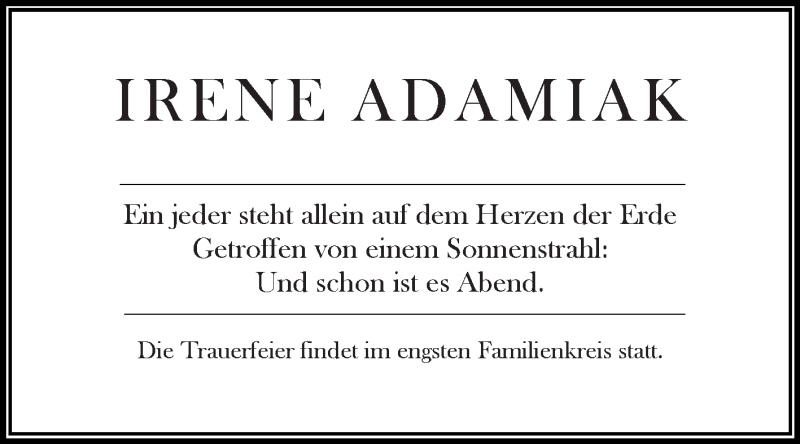  Traueranzeige für Irene Adamiak vom 22.04.2017 aus WVG - Wochenspiegel Dessau / Köthen