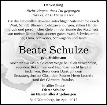 Traueranzeige von Beate Schulze von Mitteldeutsche Zeitung Merseburg/Querfurt