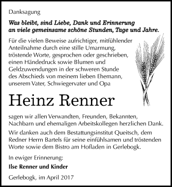Traueranzeige von Heinz Renner von Mitteldeutsche Zeitung Bernburg
