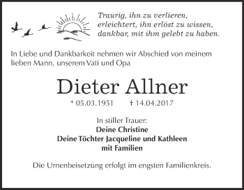 Traueranzeige von Dieter Allner von WVG - Wochenspiegel Bitterfeld
