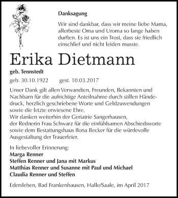 Traueranzeige von Erika Dietmann von Super Sonntag SGH Mansf. Land