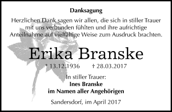 Traueranzeige von Erika Branske von Mitteldeutsche Zeitung Bitterfeld
