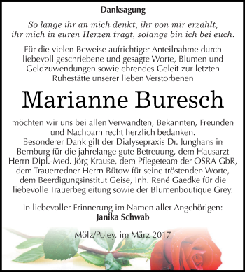 Traueranzeige von Marianne Buresch von WVG - Wochenspiegel Dessau / Köthen