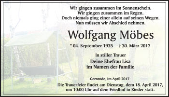 Traueranzeige von Wolfgang Möbes von Mitteldeutsche Zeitung Quedlinburg