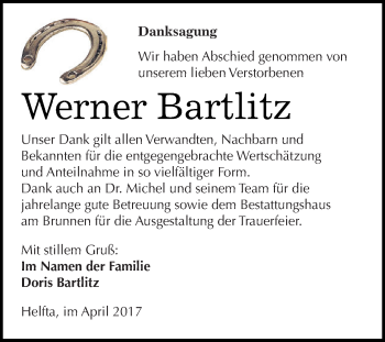 Traueranzeige von Werner Bartlitz von Super Sonntag SGH Mansf. Land
